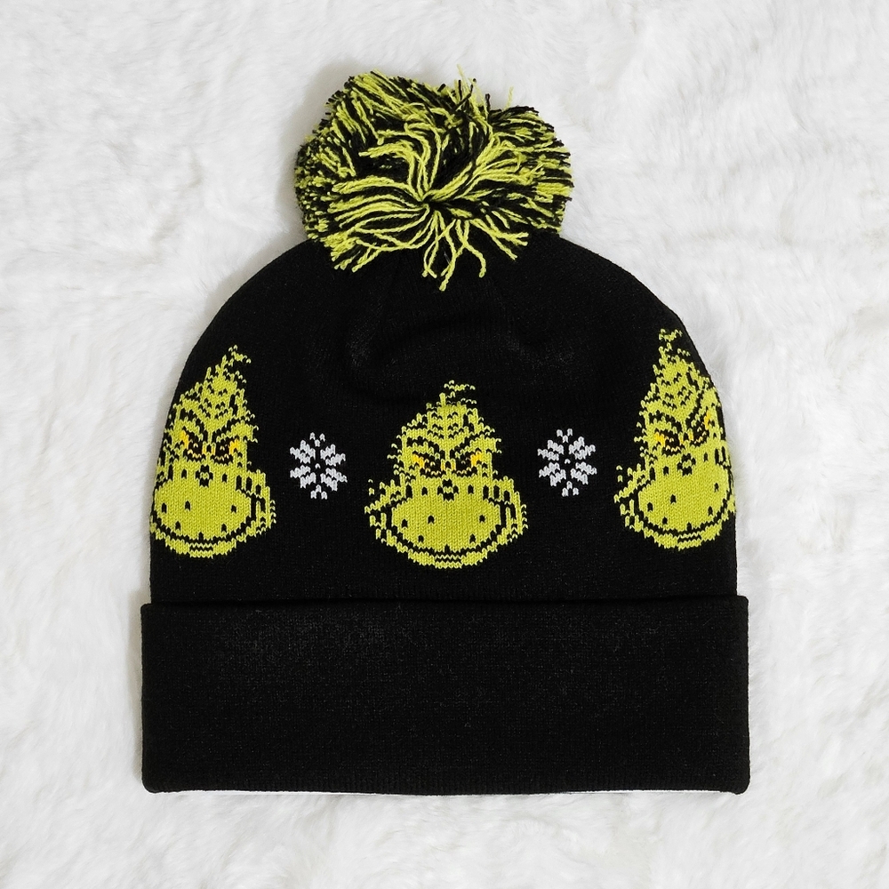 American Eagle Grinch Hat Beanie Black Green Cuff Pom Pom Christmas Holiday